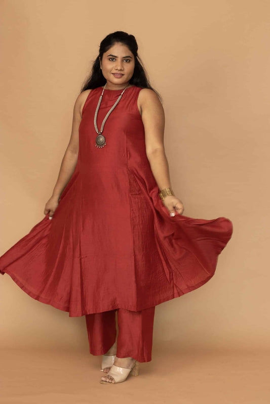 Deep Red Chanderi sleeveless Kali kurta set