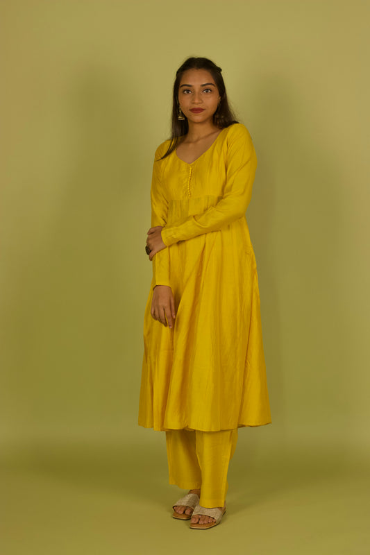 Yellow Chanderi 16 Panel Anarkali set