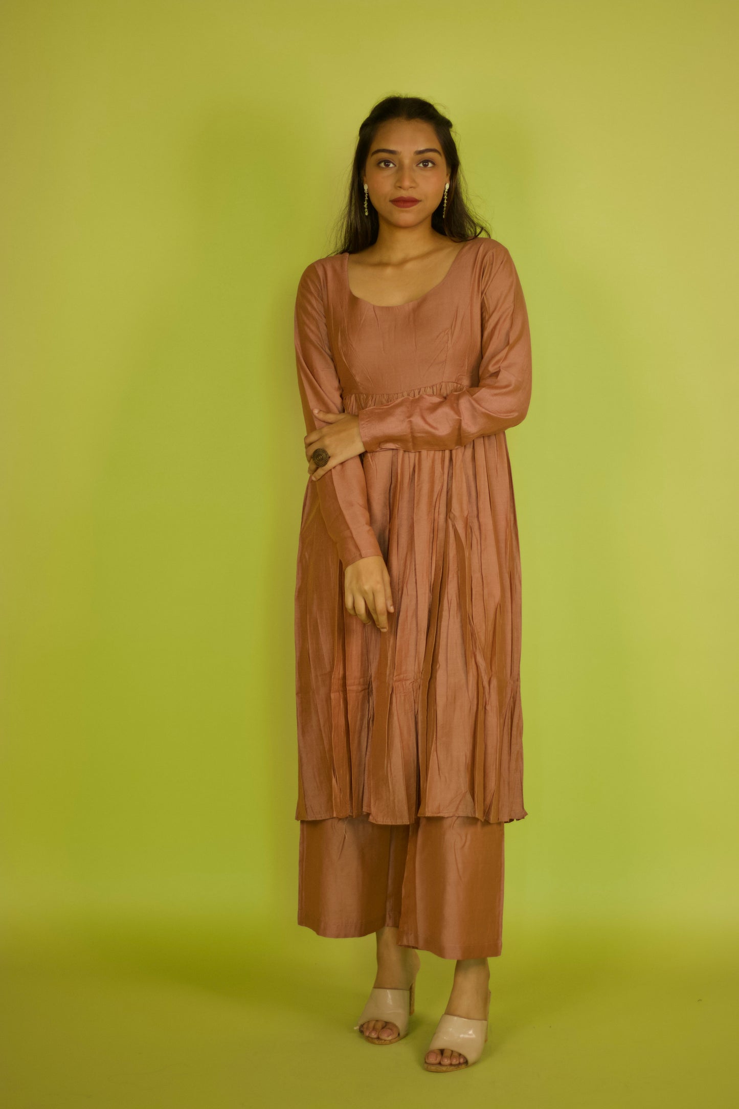 Gold Chanderi Round Neck Gathered Kurti Set