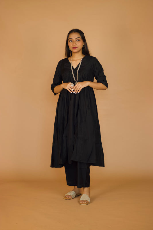 Royal Black Chanderi Gathered Kurta set