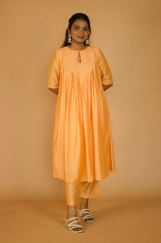 Orange Chanderi Pleated kurta Set