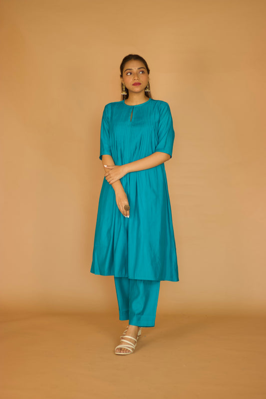 Teal Chanderi Pleated kurta Set