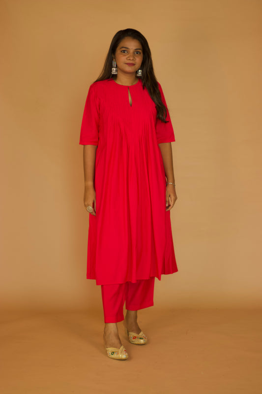 Pink Chanderi Pleated kurta Set