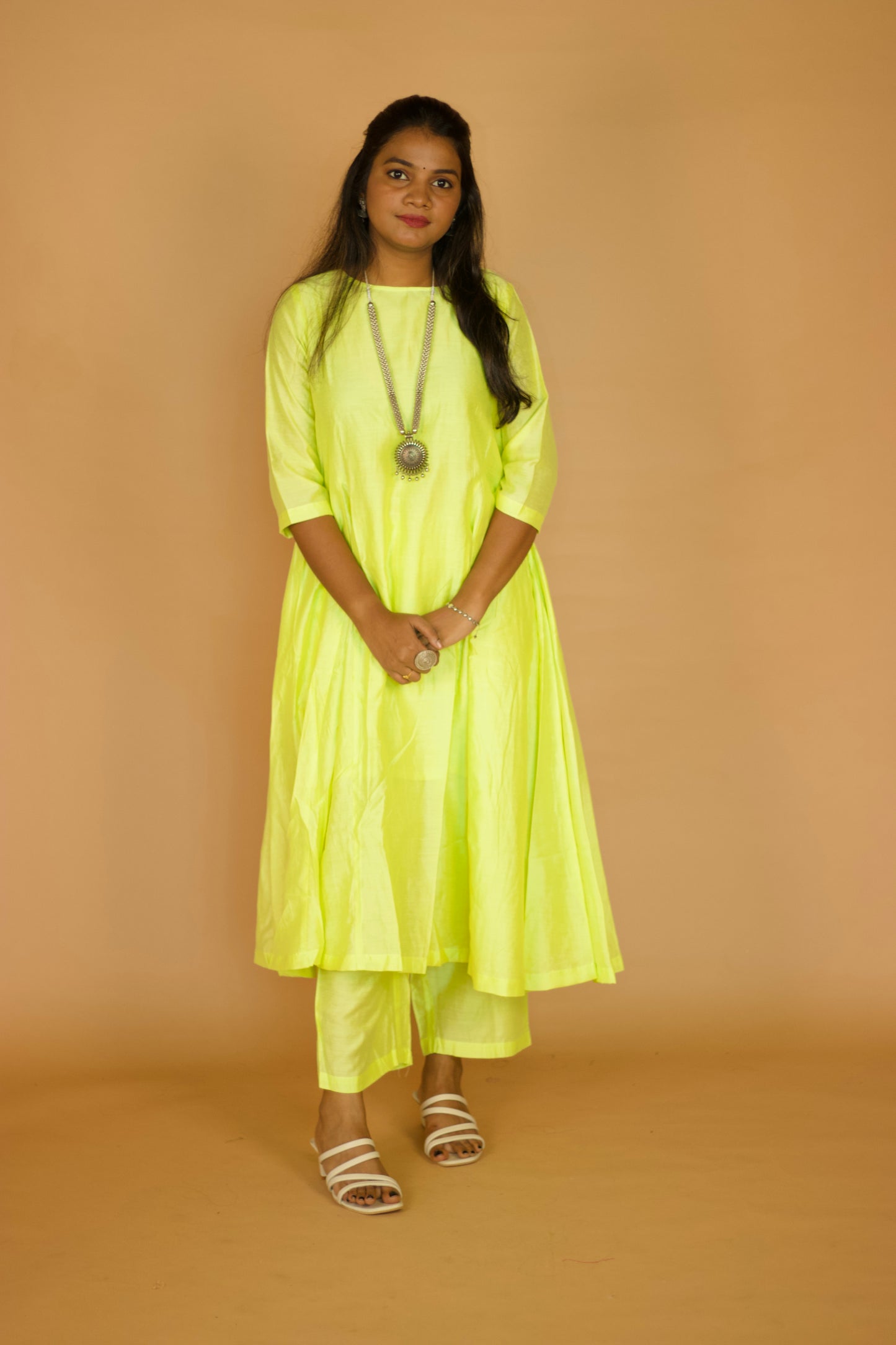 Olive Green Chanderi Kali Kurta Set