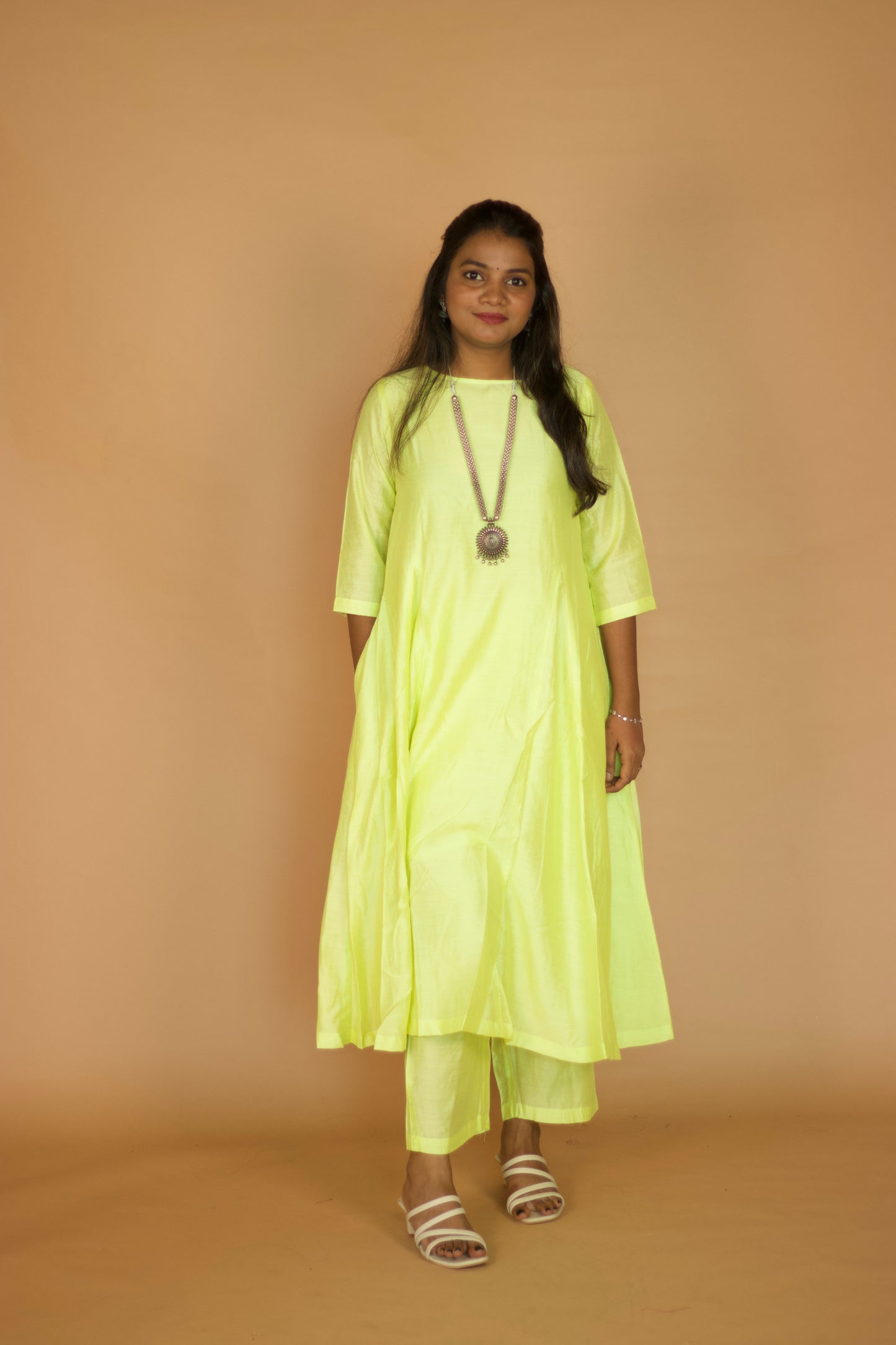 Olive Green Chanderi Kali Kurta Set