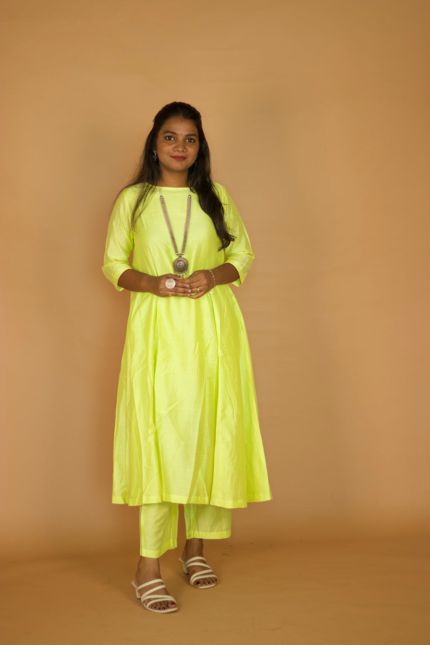 Olive Green Chanderi Kali Kurta Set