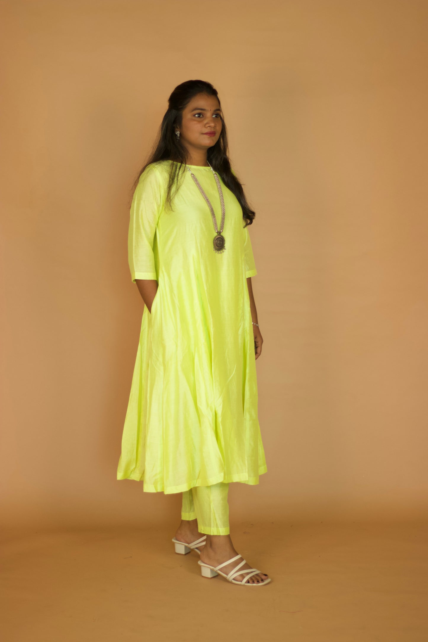 Olive Green Chanderi Kali Kurta Set