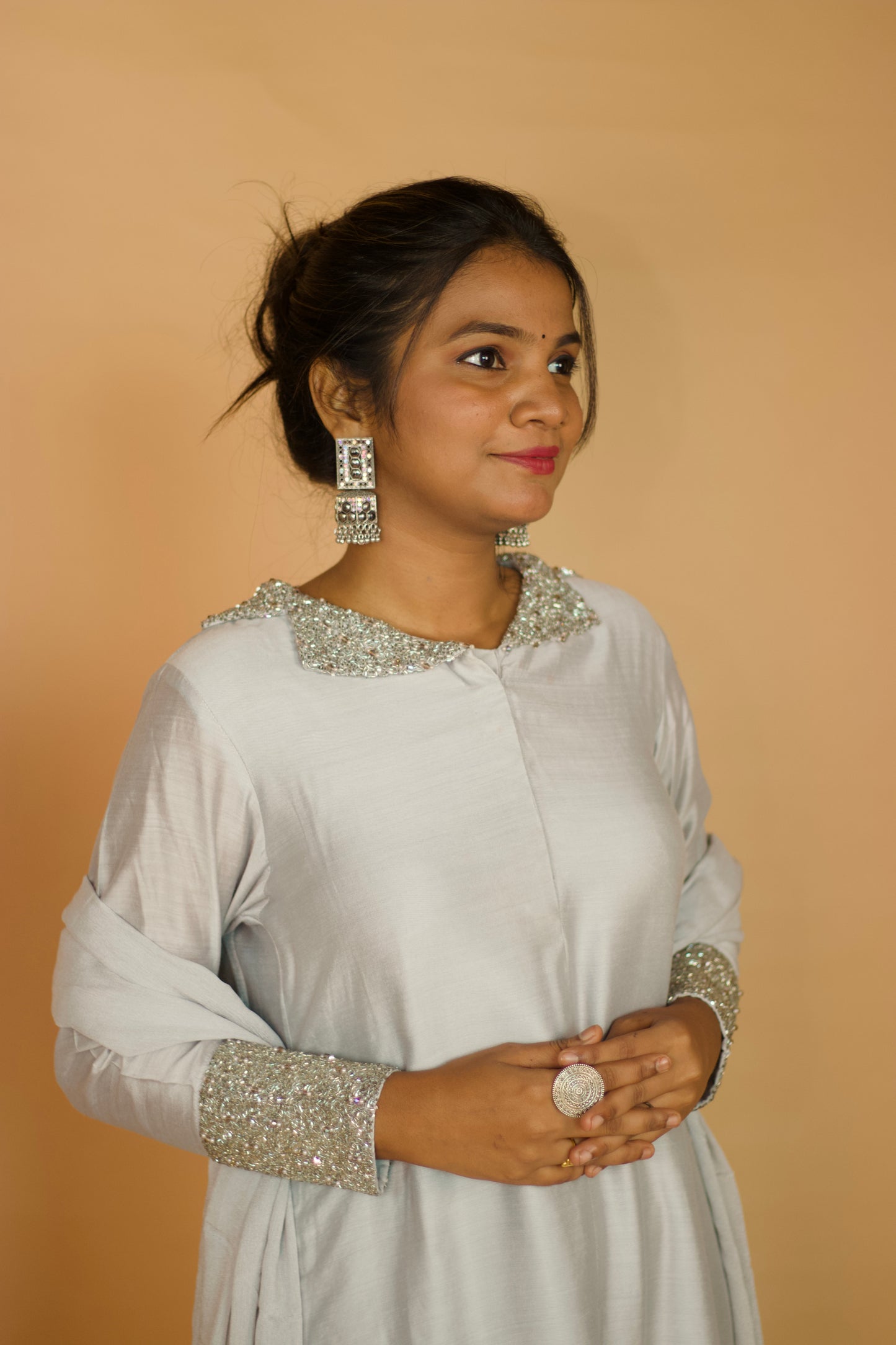 Chhaya Grey Chanderi Kurta set with Dupatta