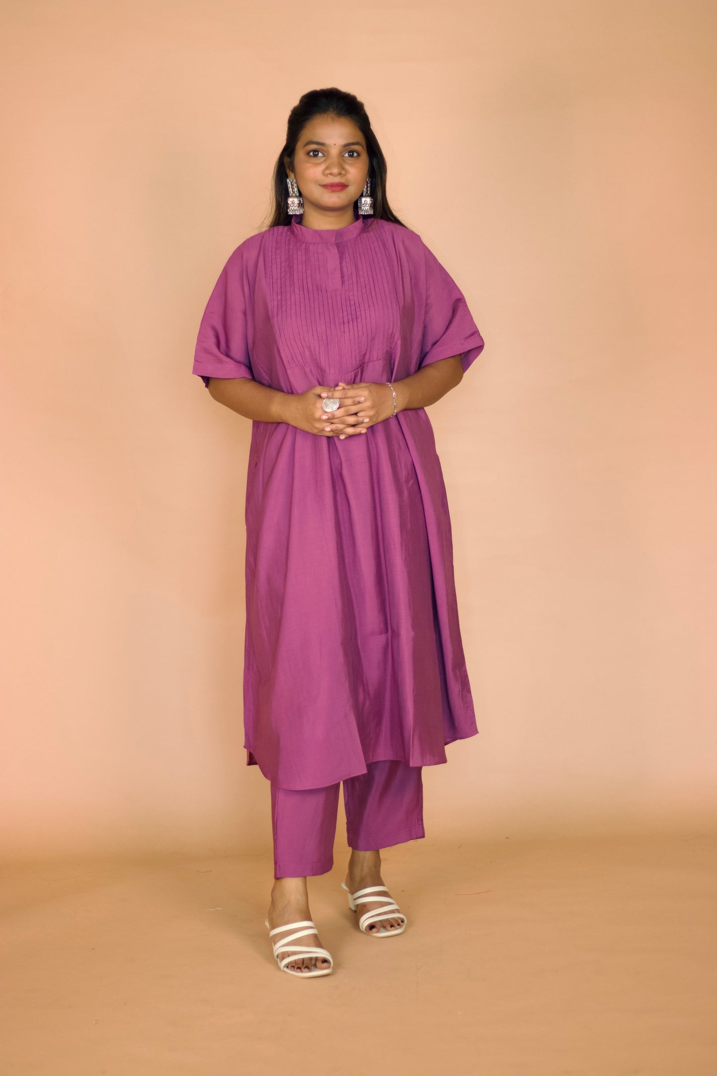 Muave Chanderi Kaftan Pleated Kurta set