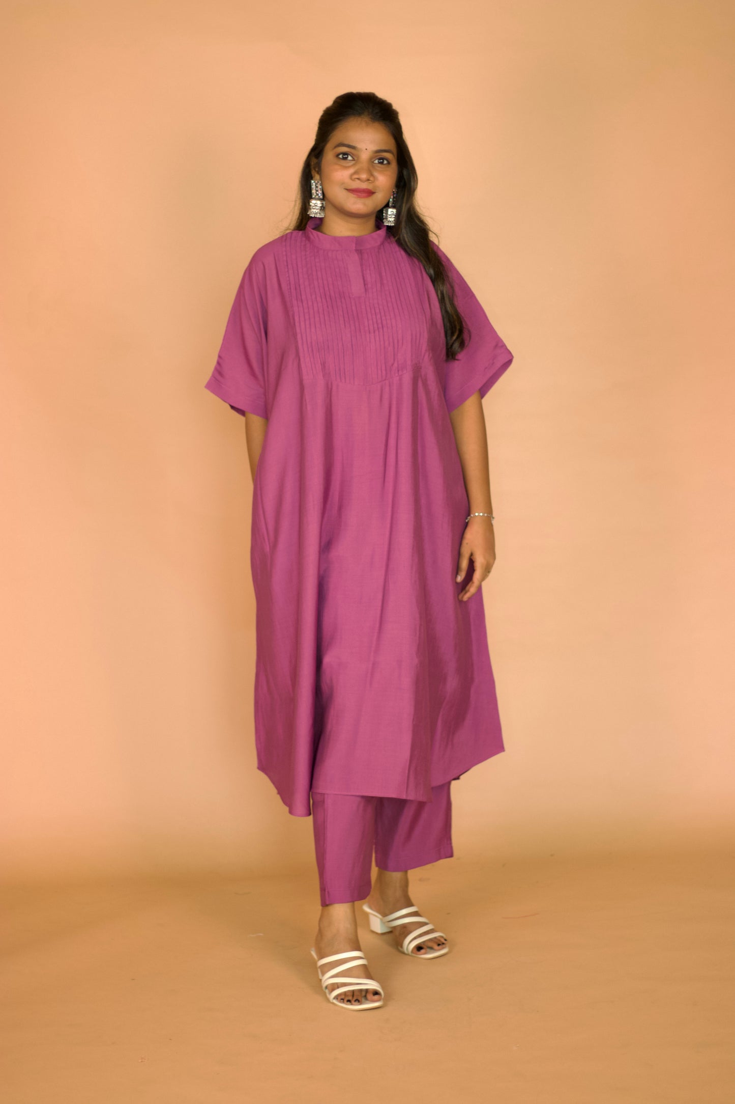 Muave Chanderi Kaftan Pleated Kurta set