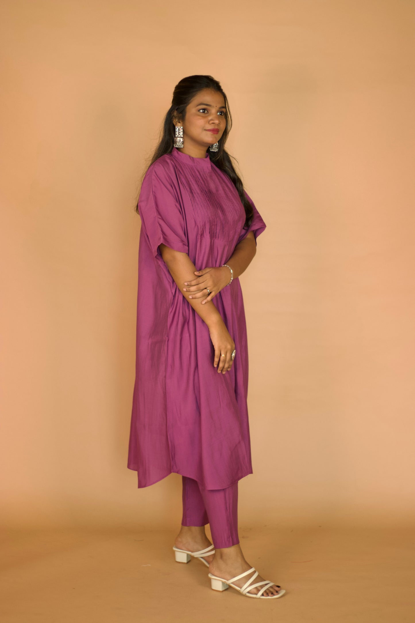 Muave Chanderi Kaftan Pleated Kurta set