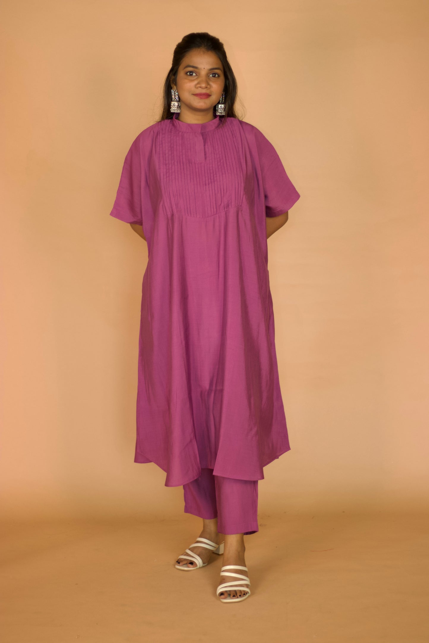 Muave Chanderi Kaftan Pleated Kurta set