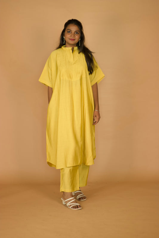 Light Yellow Chanderi Kaftan Pleated Kurta set