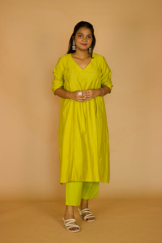 Lime Chanderi Side gathered kurta set