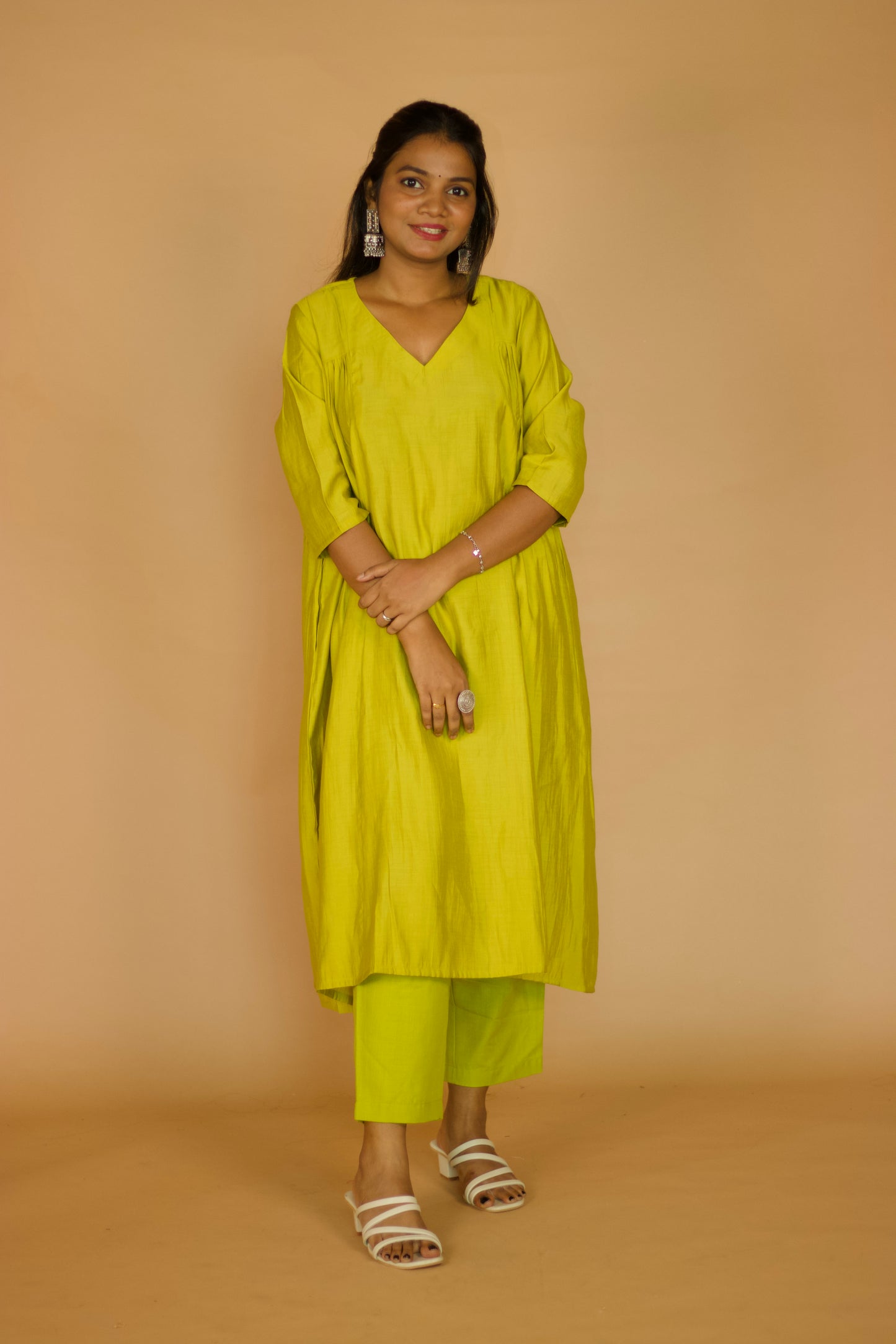 Lime Chanderi Side gathered kurta set