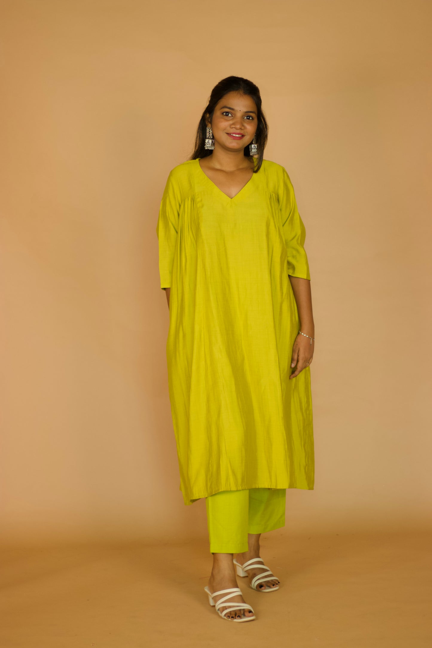 Lime Chanderi Side gathered kurta set