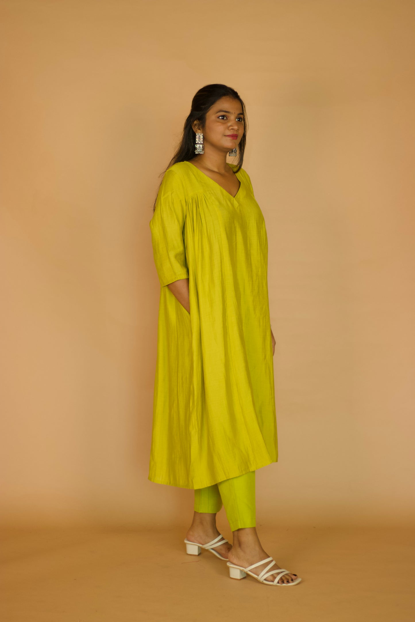 Lime Chanderi Side gathered kurta set