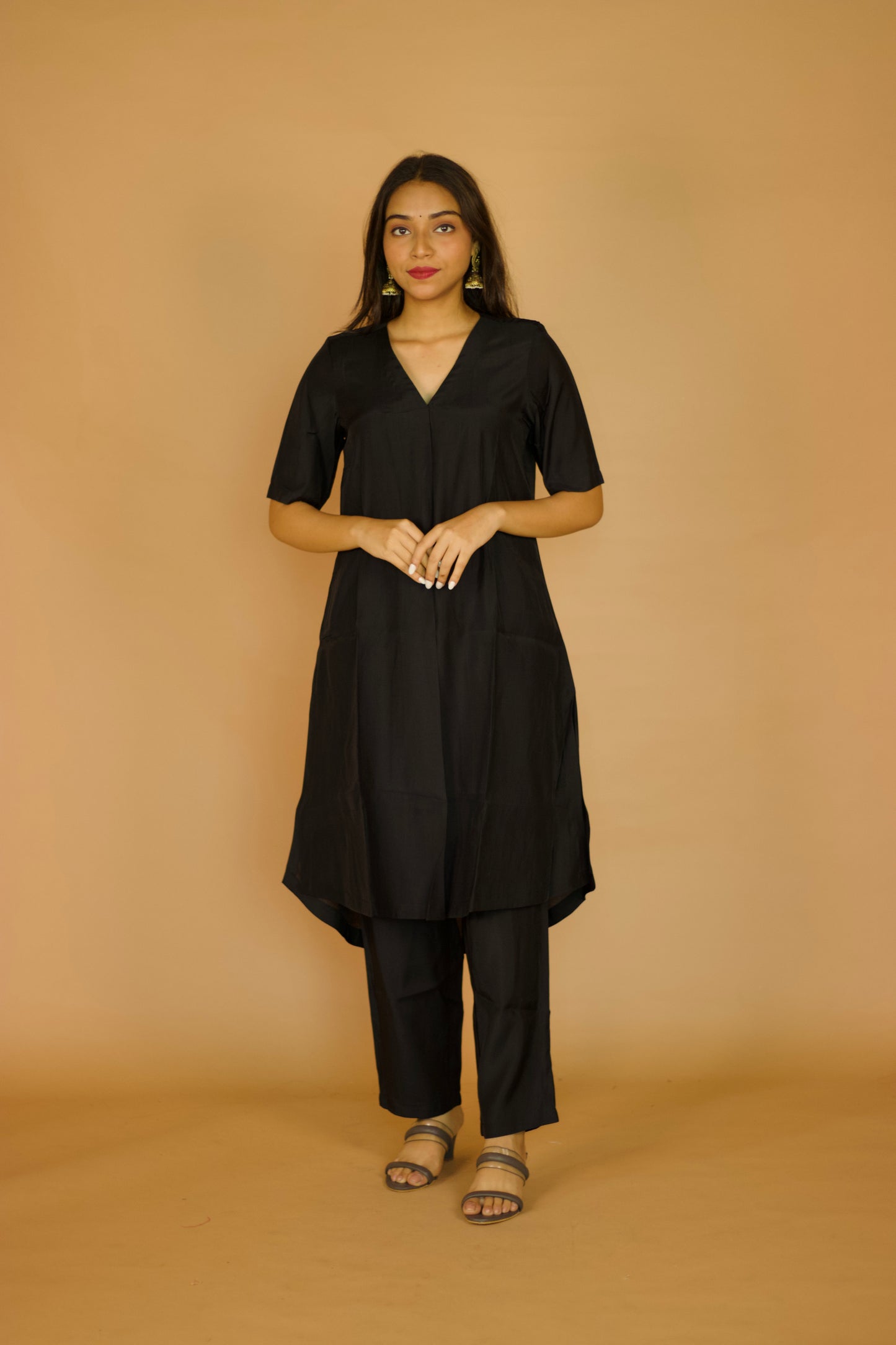 Black Chanderi Box pleate Kurta set