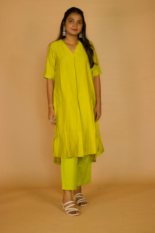 Lime Chanderi Box pleate Kurta set