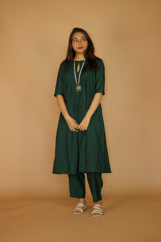 Deep Green Chanderi Pleated kurta Set