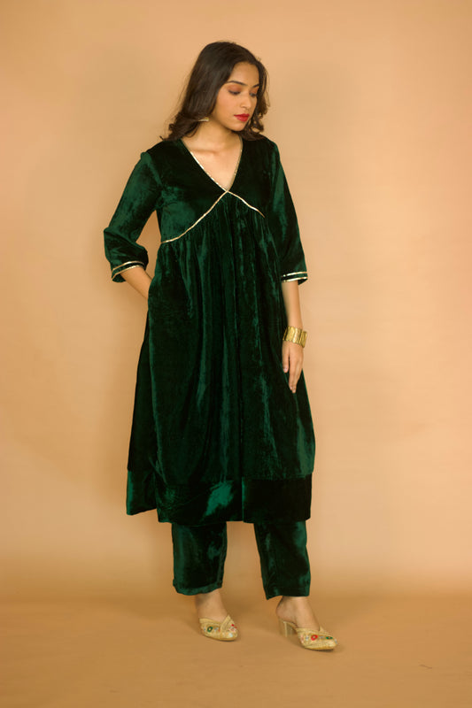 Green Velvet Gottapatti Anarkali set