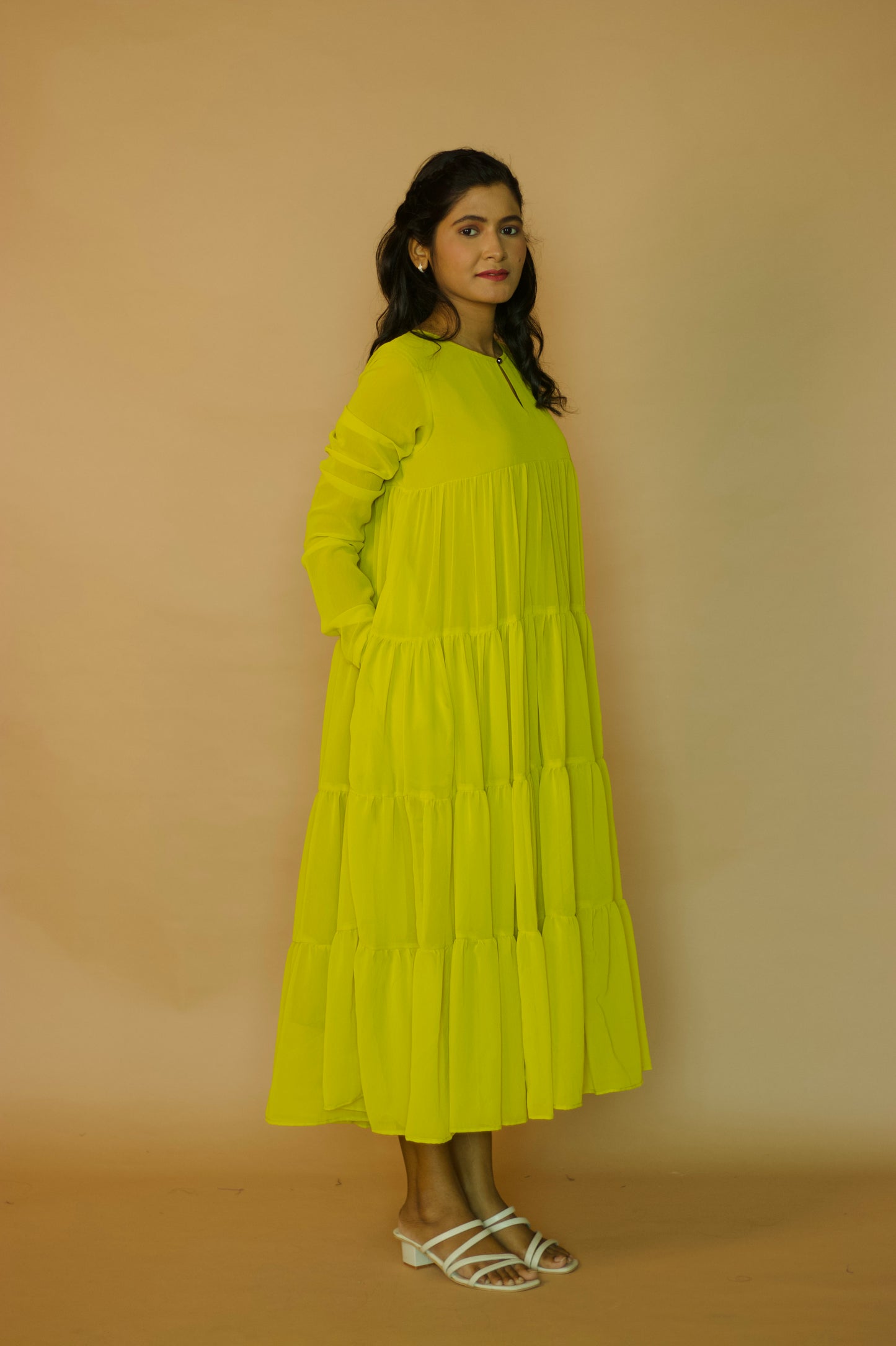 Green georgette Tiered Maxi Dress