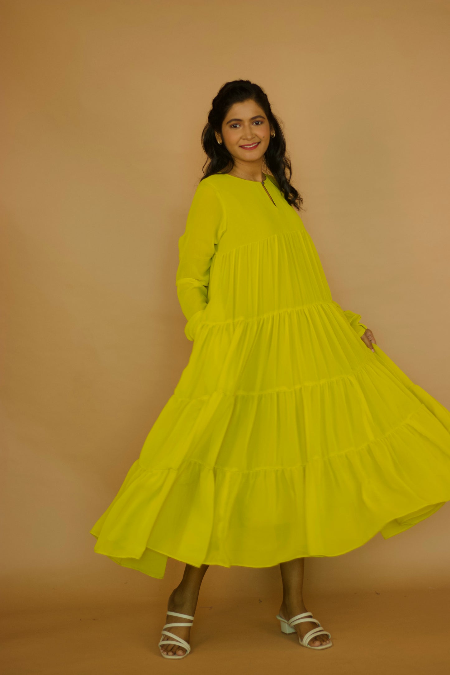 Green georgette Tiered Maxi Dress