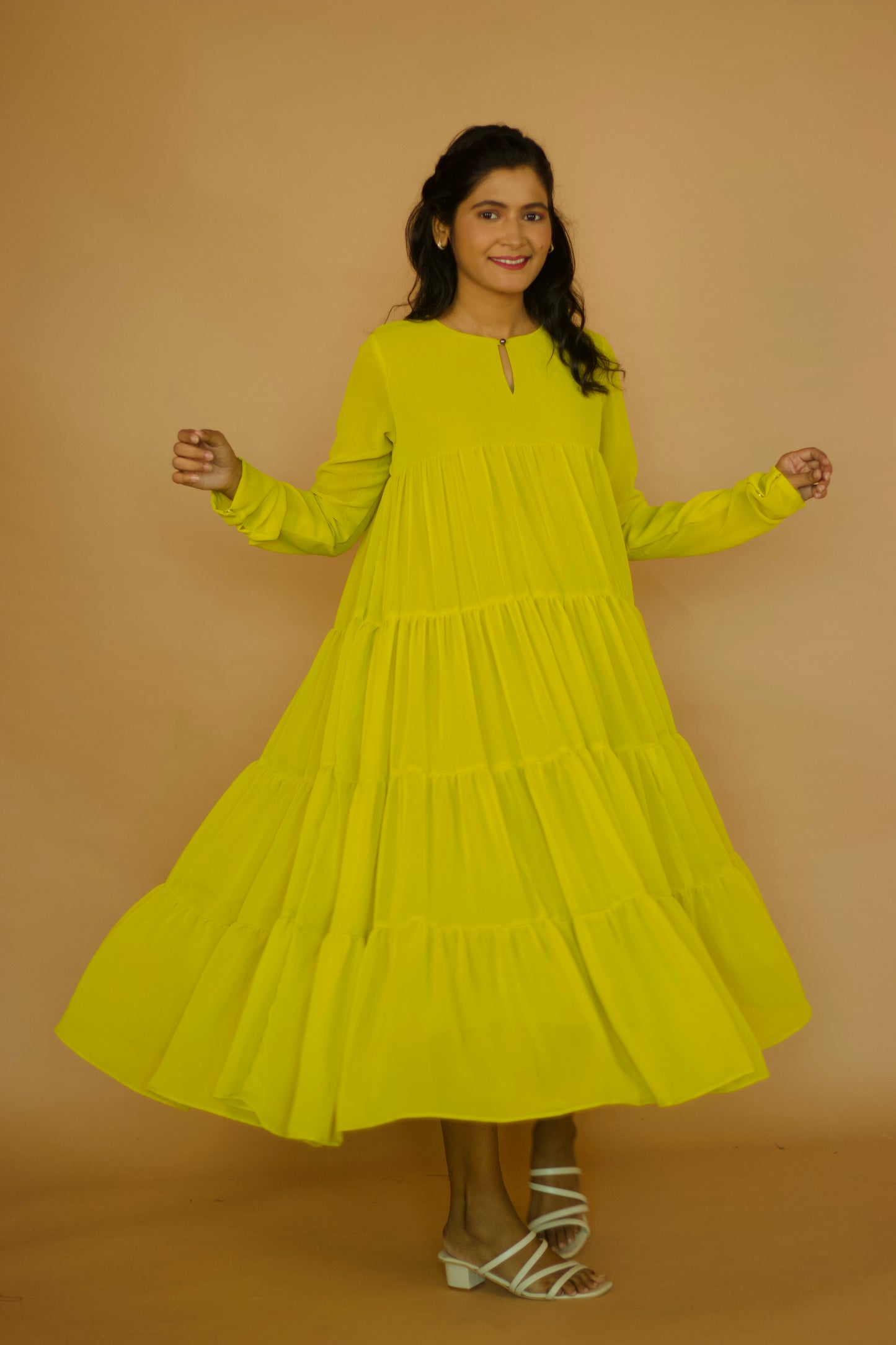 Green georgette Tiered Maxi Dress