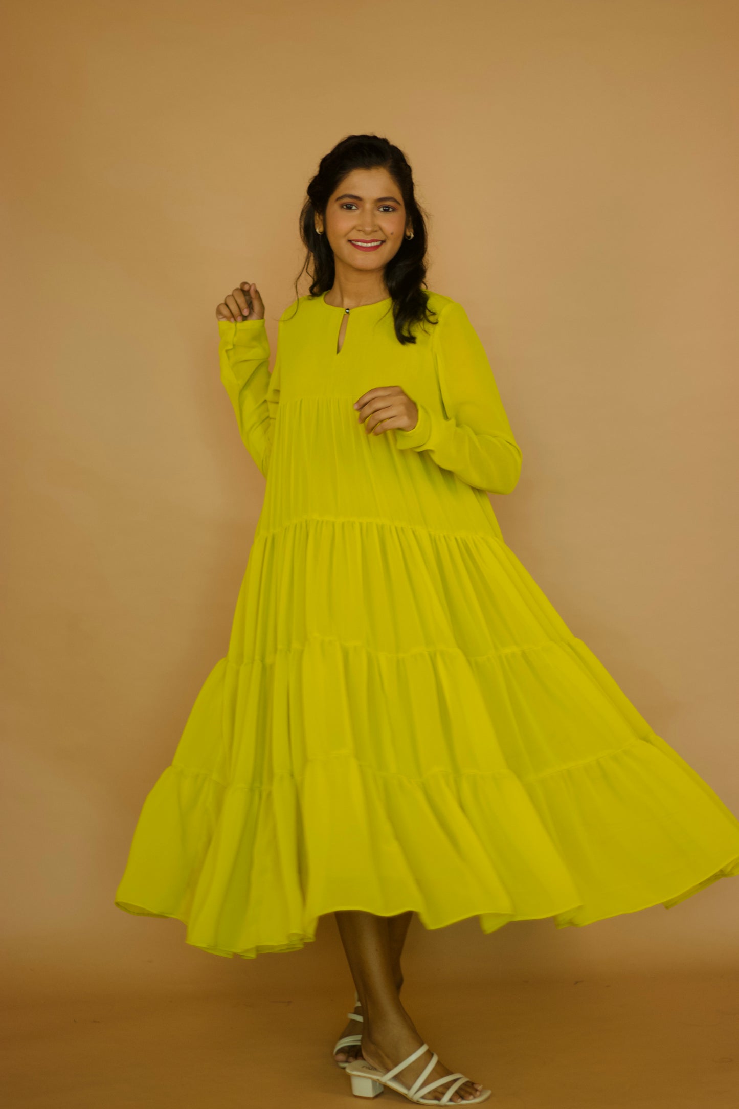 Green georgette Tiered Maxi Dress