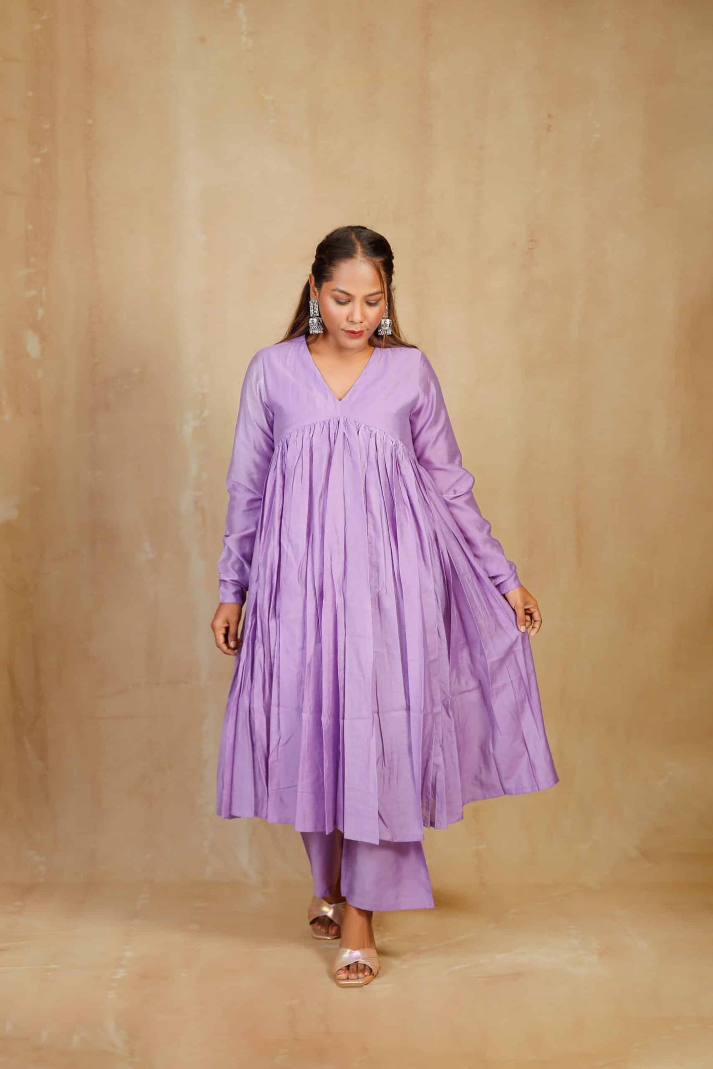 Lilac Chanderi V neck Gathered kurta Set