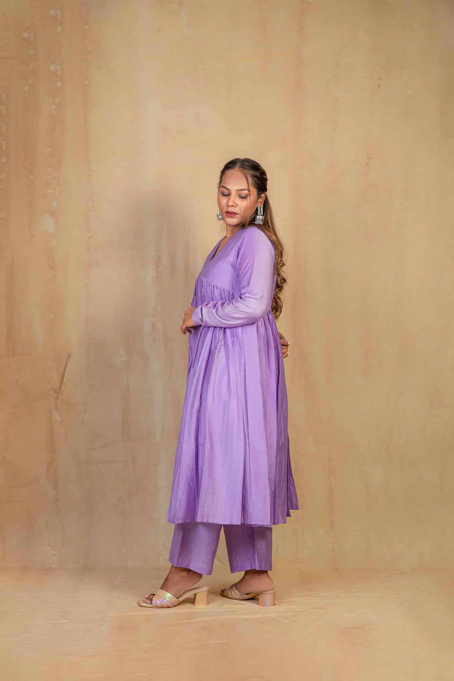 Lilac Chanderi V neck Gathered kurta Set