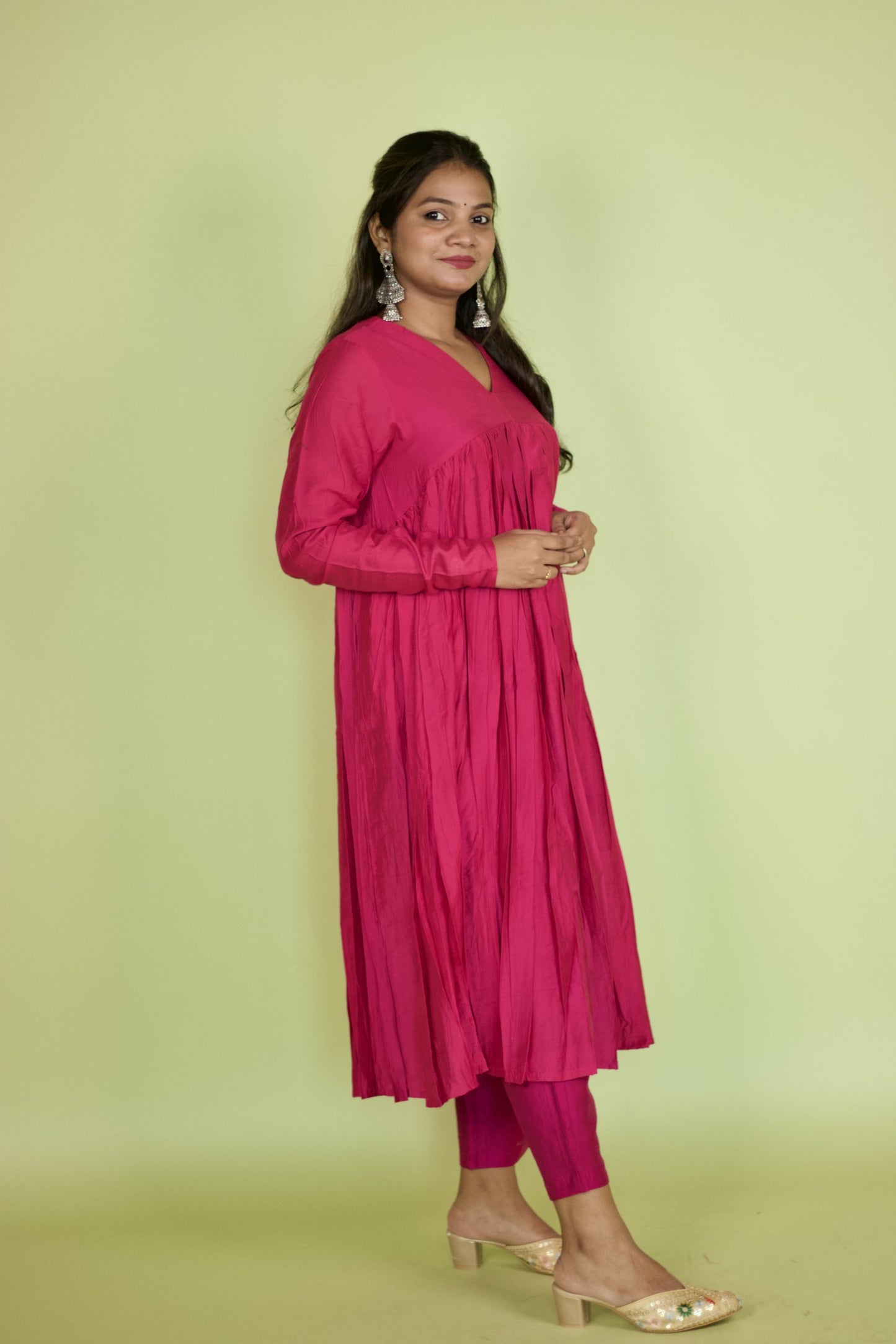 Lilac Chanderi V neck Gathered kurta Set