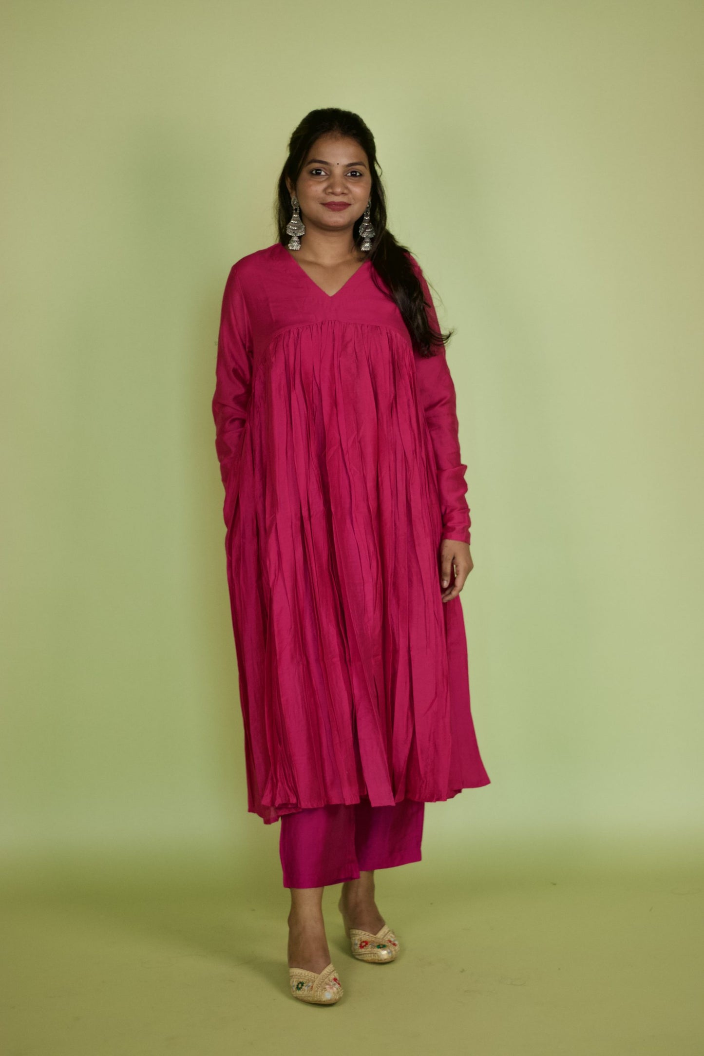 Lilac Chanderi V neck Gathered kurta Set