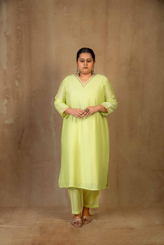 Olive Green Chanderi Lace Kurta Set