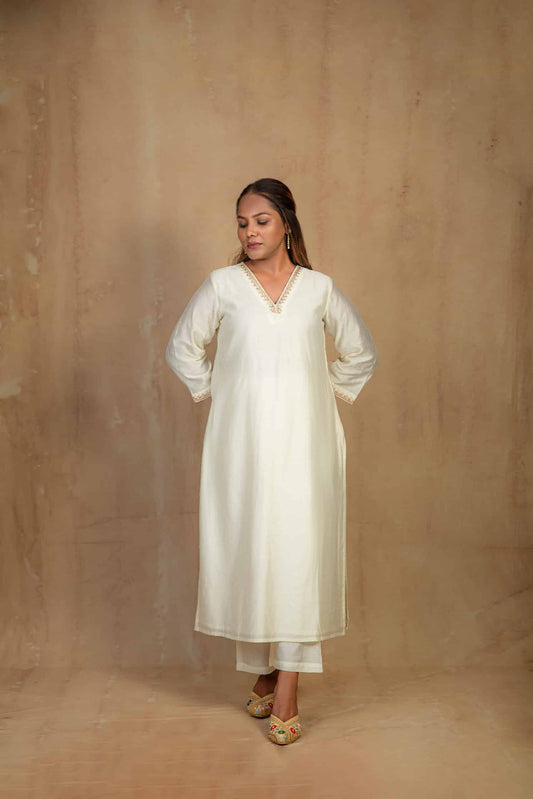 Ivory Chanderi Lace Kurta Set