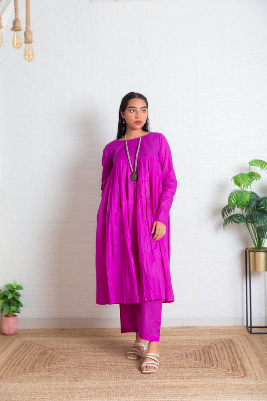 Purple Chudi Sleeves Mul Gathered Kurta set