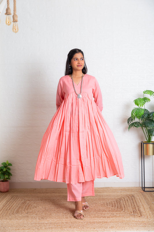 Pink Chudi Sleeves Mul Gathered Kurta set