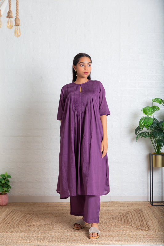 Mauve Mul Pleated kurta Set