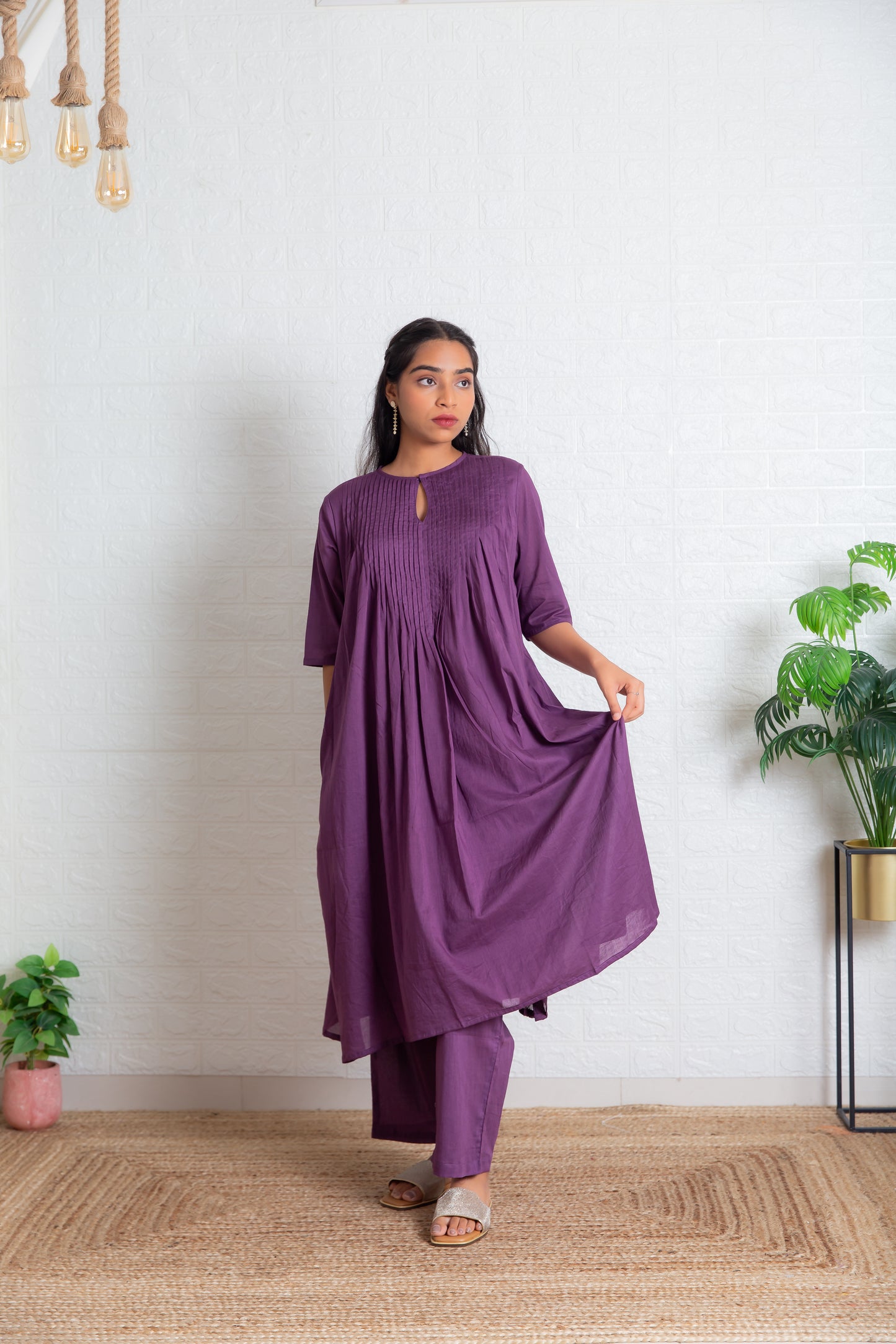 Mauve Mul Pleated kurta Set