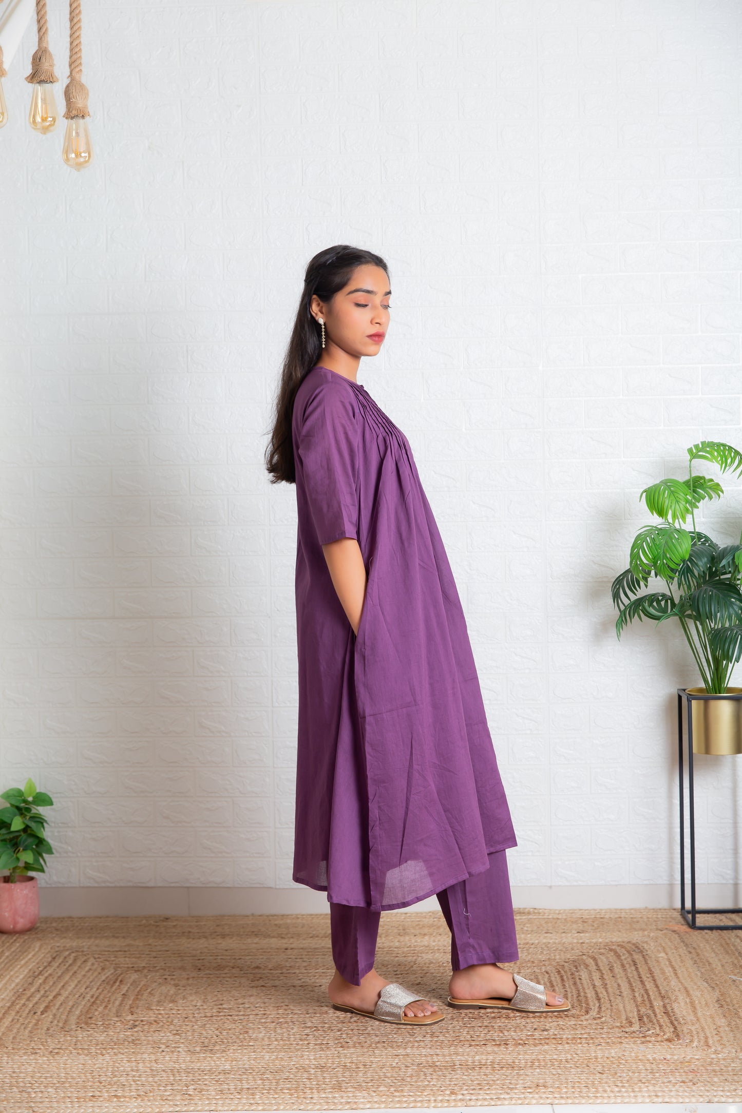 Mauve Mul Pleated kurta Set