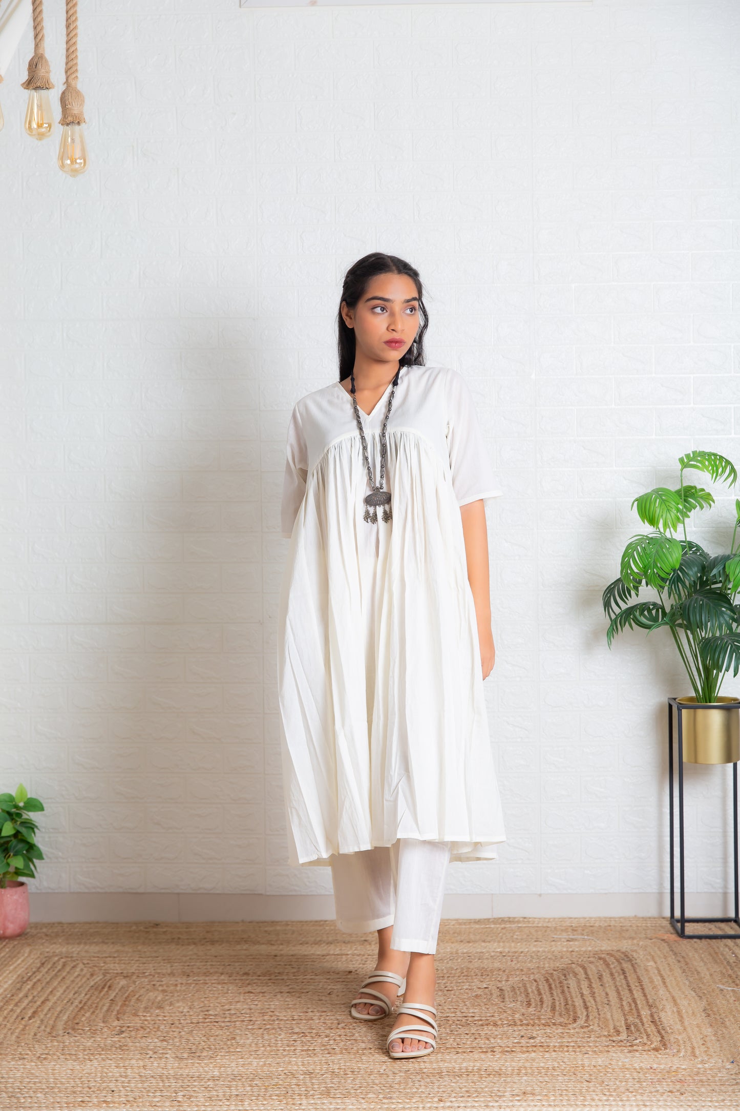 Ivory Mul Gathered Kurta set