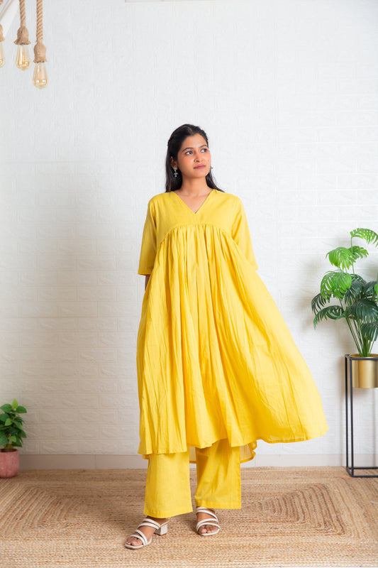 Pastel Yellow Mul Gathered Kurta set