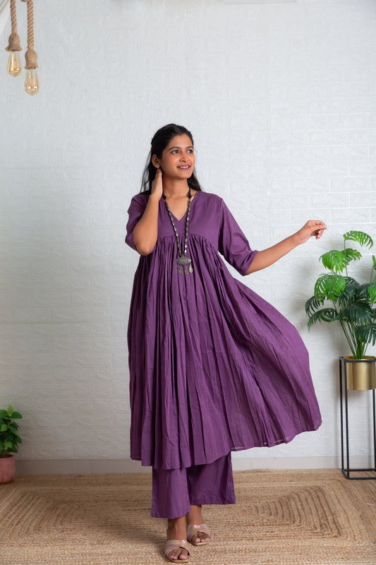 Mauve Mul Gathered Kurta set