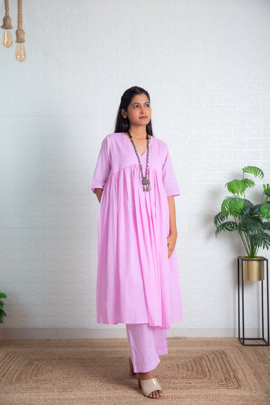 Lavender Mul Gathered Kurta set