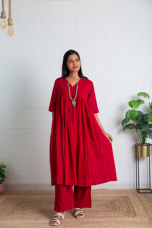 Red Mul Gathered Kurta set