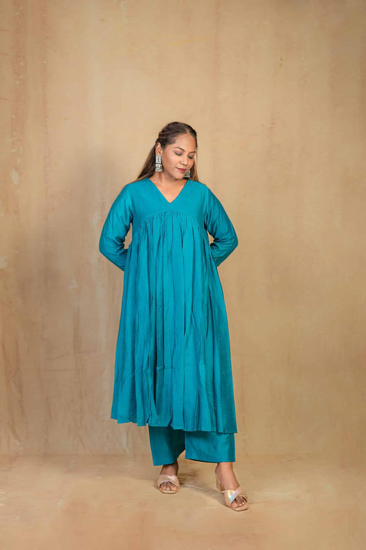 Teal Chanderi V neck Gathered kurta Set