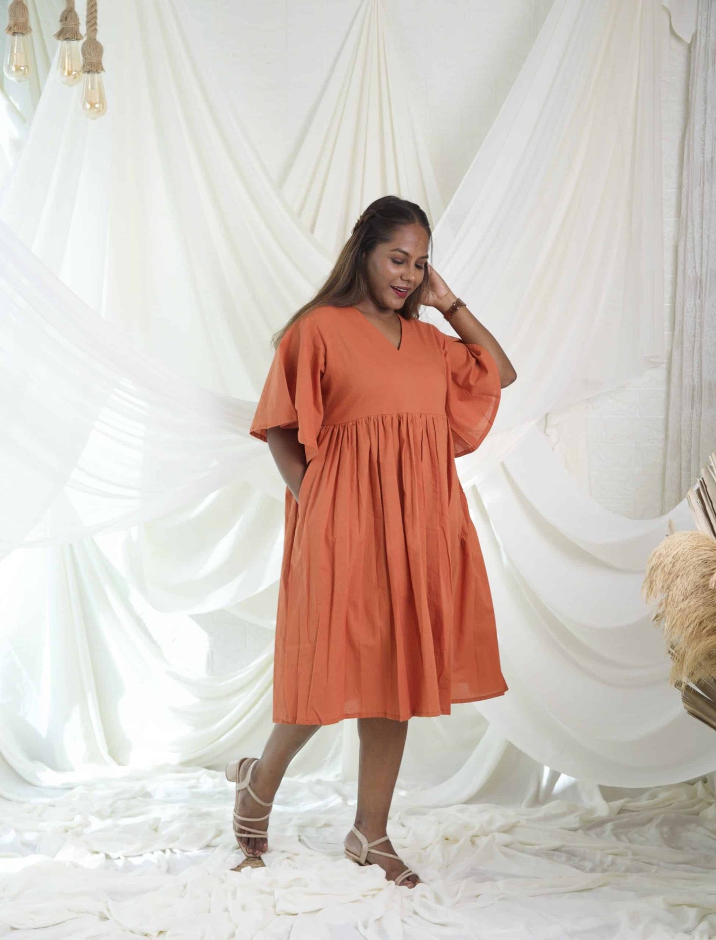 Cotton Ruffle V-Neck Dress: Terrocotta