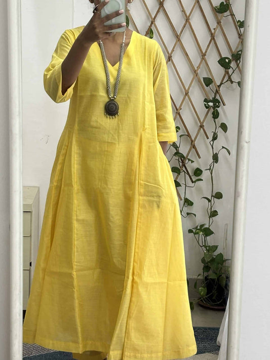 Yellow V neckline Kali Kurta Set