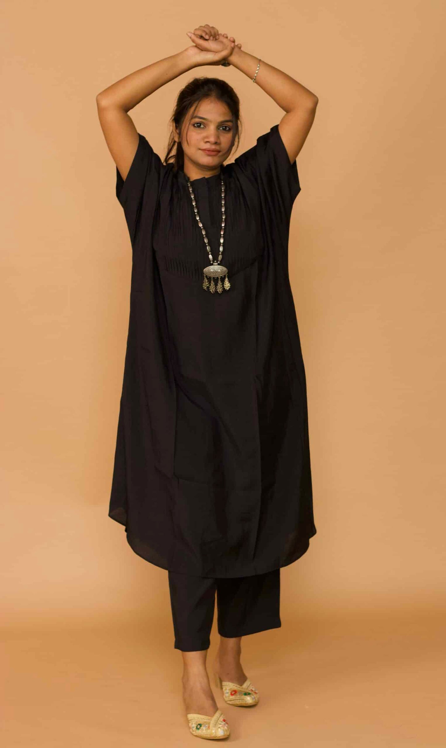 Black Chanderi Kaftan Pleated Kurta set