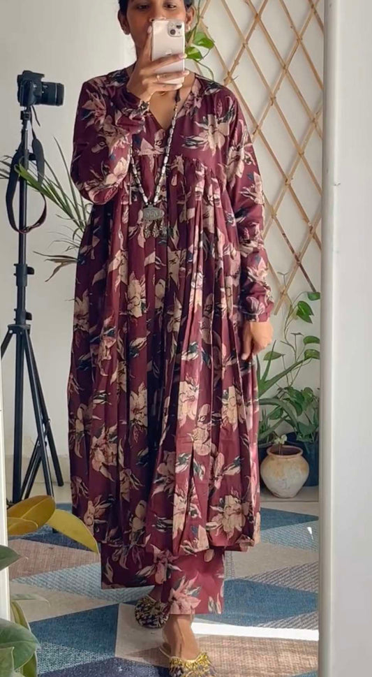 Wine Printed Chudi Sleeves Mul Gathered Kurta set